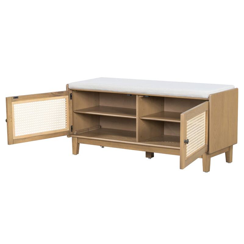 Rattan Entryway Bench with Storage, Cushioned Shoe Bench with Double Doors, Wooden Shoe Organizer Bench for Entryway