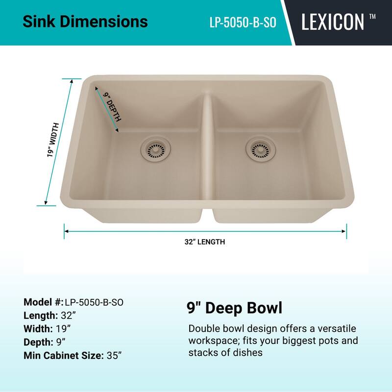 Lexicon Double Bowl 50/50 Undermount Granite Kitchen sink Galaxy Beige - 19" W x 32" L x 9.75" H