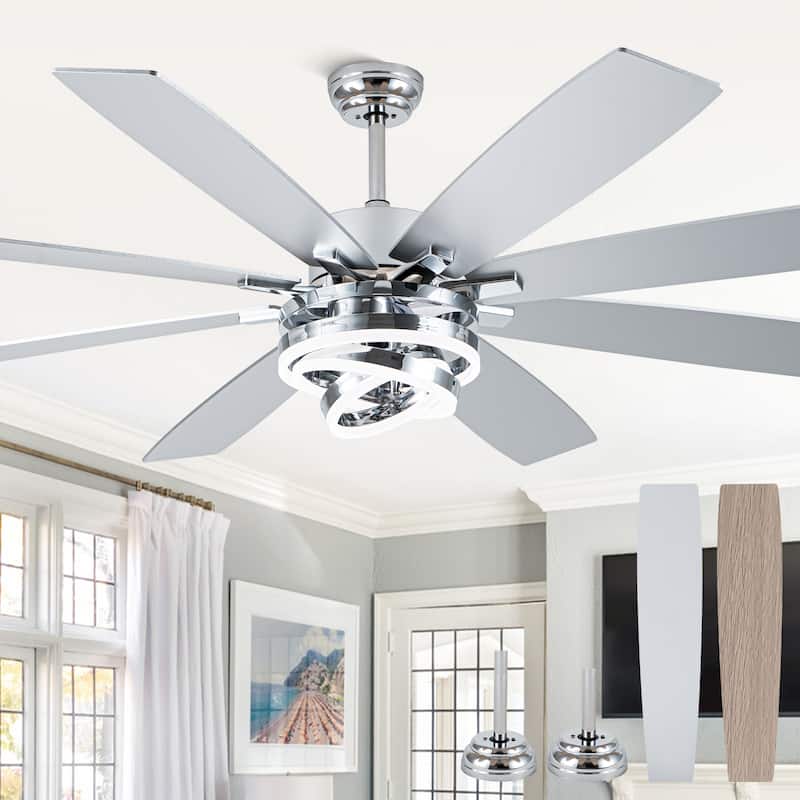 Cusp Barn 52"/72" Modern Large Dimmable LED Ceiling Fan with Lights and Remote, Reversible 8-Blade DC Motor DIY Shape Chandelier - 72-Inch - Chrome