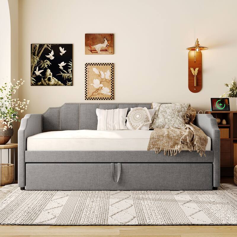 Twin Size Upholstered Daybed with Pop-Up Trundle & USB Charging Ports