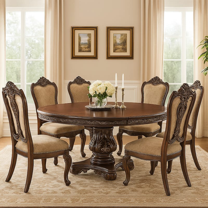 Ellie 60-76 Inch Round Extending Dining Table, Pedestal Base, Cherry Brown