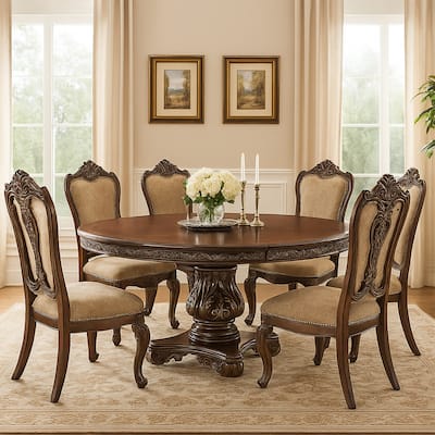 Ellie 60-76 Inch Round Extending Dining Table, Pedestal Base, Cherry Brown