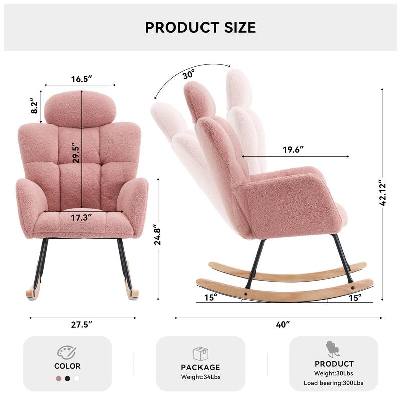 Comfortable Teddy Fabric Upholstered Rocking Chair with High Backrest and Pillows for Indoor Use