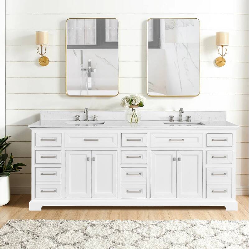 Prismarble Bathroom Vanity 84" White with Marble Top & Backsplash, Double Sinks