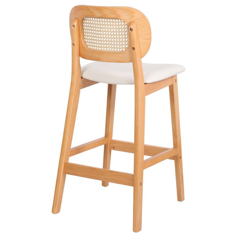 Wood Upholstered Counter Height Bar Stools with Rattan Back - 36.81"H x 17.72"W x 18.7"D