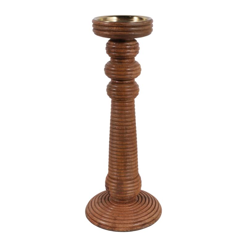 Candle Holder - Brown Mango Wood Ribbed Pillar