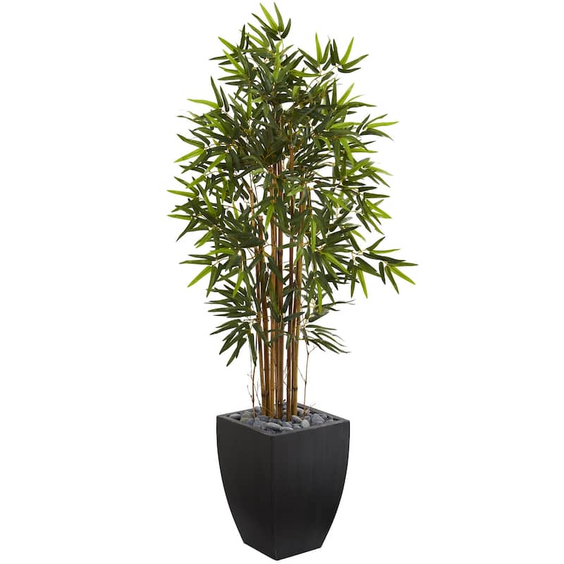 Artificial Bamboo Tree 5ft Indoor Plant Black Planter Minimalist Home Decor Elegant Accent - Green - 31-40 Inches