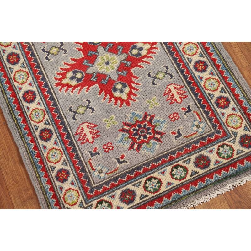 Geometric Kazak Oriental Accent Rug Grey Hand-Knotted Wool Carpet - 2'0" x 3'0"