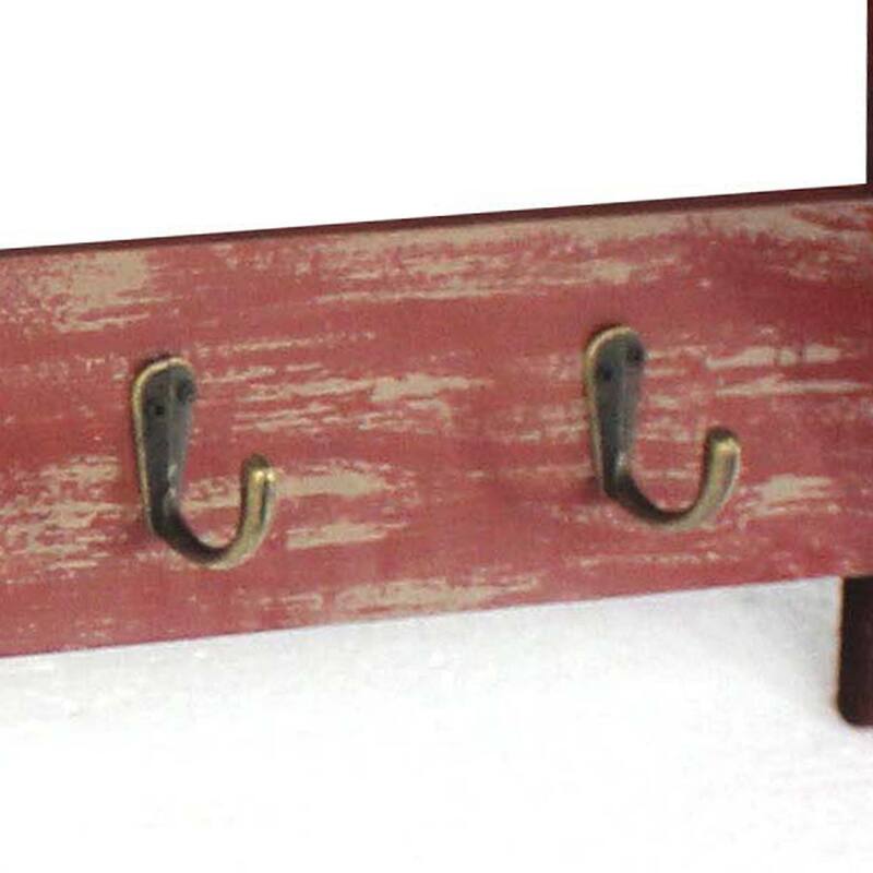 Wooden Wall Shelf with 4 Hooks and Carved Side Frames, Distressed Red