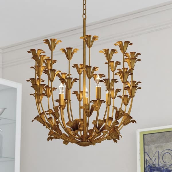 slide 2 of 11, Camellia 5-Light Gilded Gold Pendant with Metal Flower Shade, Adjustable Height, Ceiling Chandelier Dining Room Fixture Gilded Gold - 23.5-in W x 27.5-in H x 23.5-in D