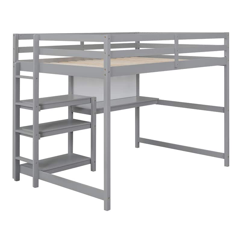 Full Size Wooden Loft Bed with Shelves, Desk and Writing Board