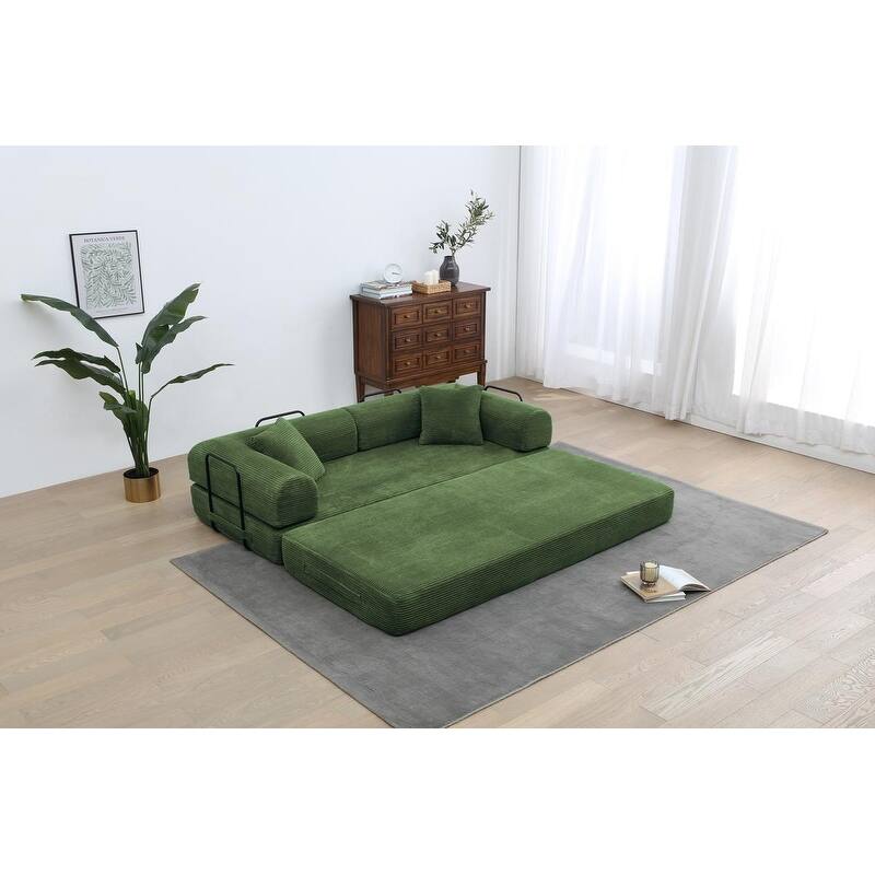 Convertible Sleeper Sofa Bed, Corduroy 3-Seat Fold-Out Couch with Pillow