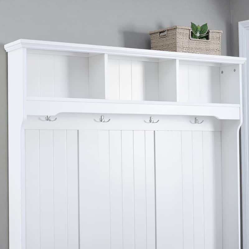 47.2'' Wide 5-in-1 Hall Tree with Bench, Cushion, Shutter Doors & 4 Hooks, Entryway Storage Organizer Cabinet