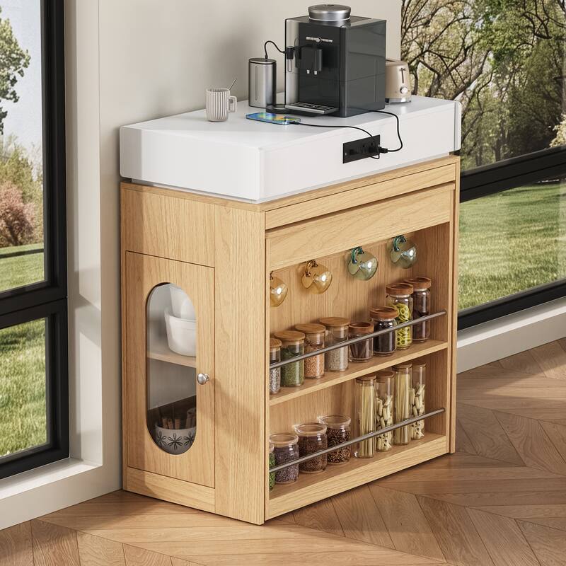 Extendable Kitchen Island Dining Table with Power Outlet, Rolling Sideboard with Folding Tabletop & Drawers