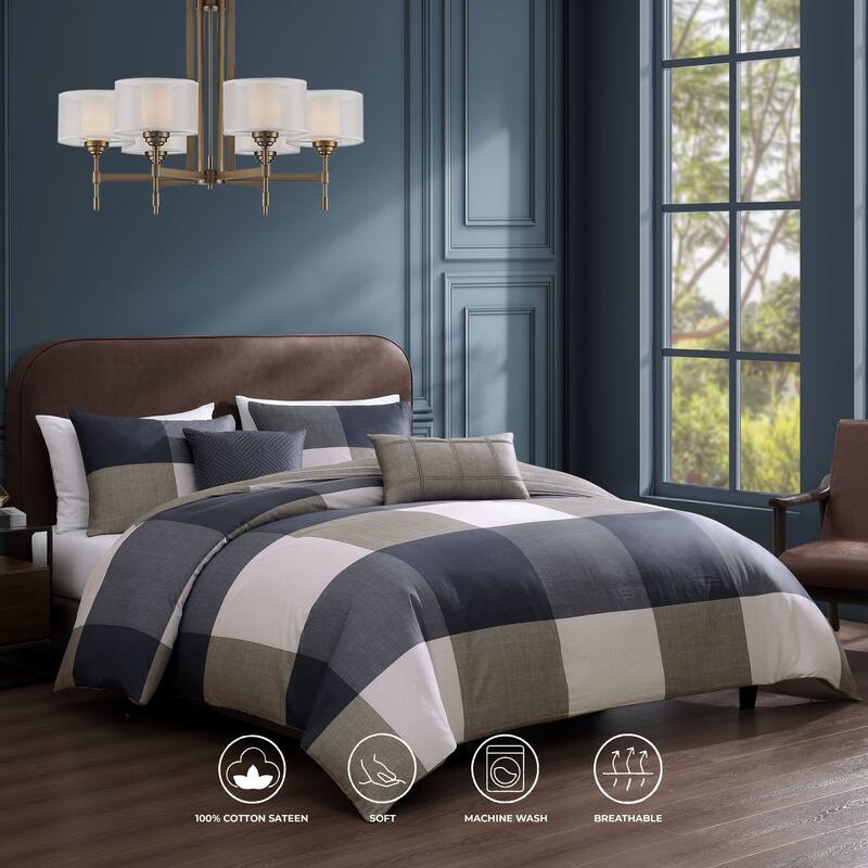 Bebejan Checkered Navy Tan 100% Cotton Sateen 5 Piece Reversible Comforter Set