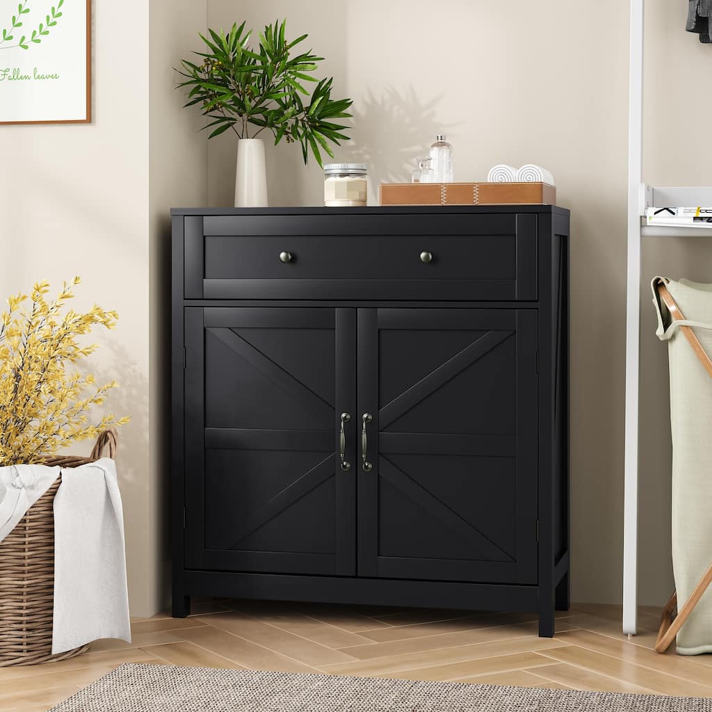 Anmytek Black Farmhouse Storage Cabinet with Drawer and Adjustable Shelf Barn Door Style for Bathroom and Kitchen