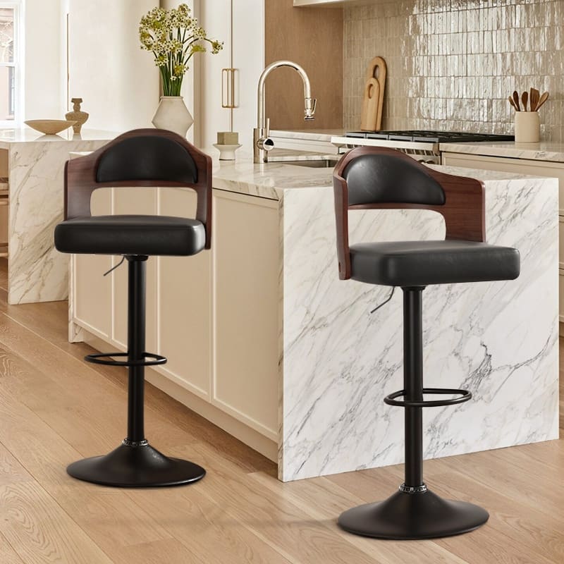 Swivel Bar Stools Set of 2 Seat Adjustable Height 24.5-33.5IN, Wooden Barstools PU Leather Upholstered Bar Chairs - Black