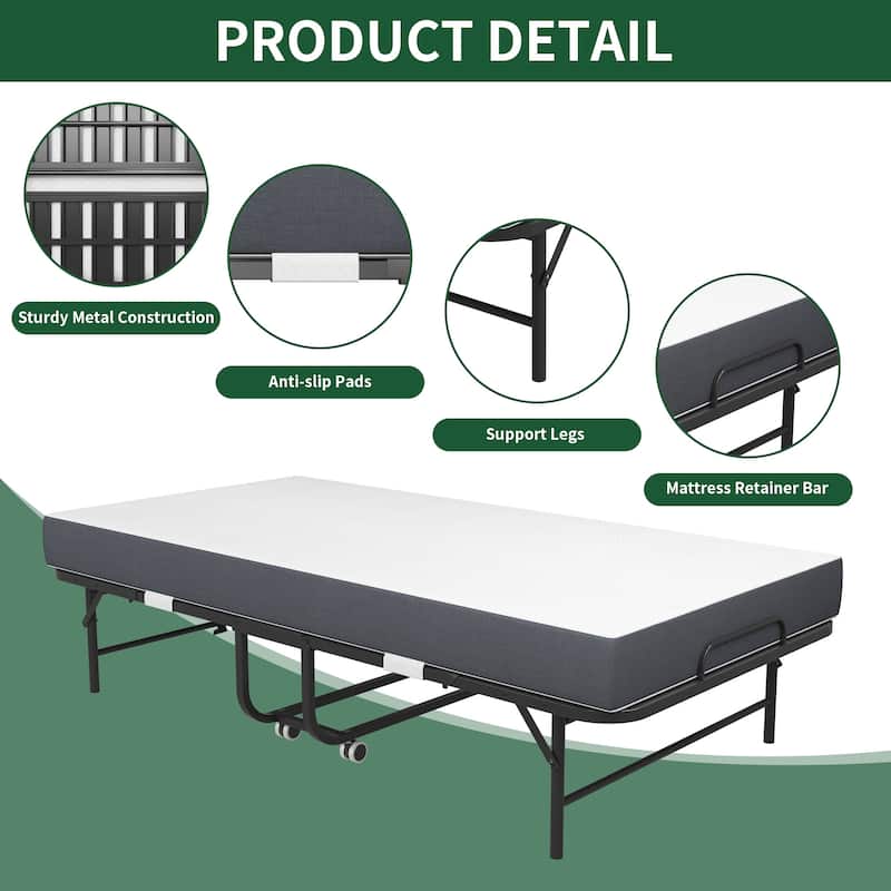 Twin Size Foldable Bed with 3.7" Memory Foam Mattress - Heavy-Duty 300lb Capacity, 360° Wheels