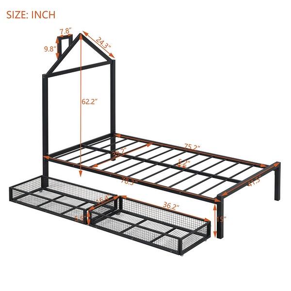 dimension image slide 1 of 3, Twin Size House Shaped Metal Platform Bed with Drawers
