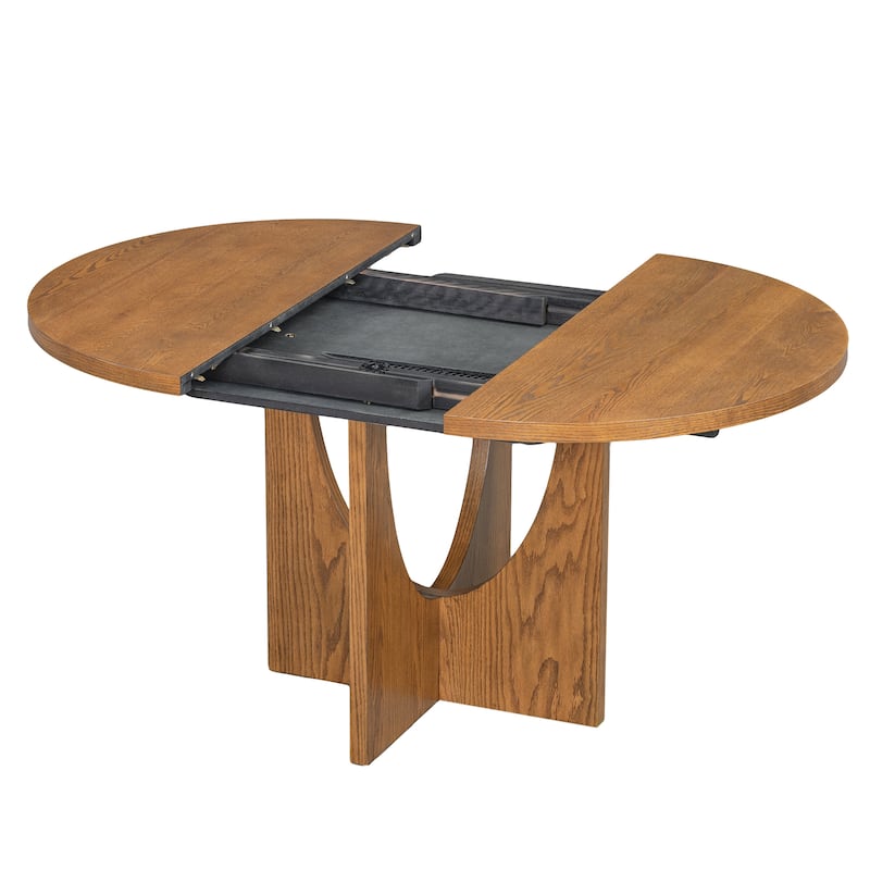 5 Piece Functional Dining Set, Wood Extendable Round Dining Table Set with Removable Leaf and 4 Upholstered Chairs