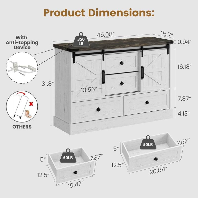 Farmhouse 4 Drawer Dresser for Bedroom 45" Wood Dressers with Sliding Barn Doors TV Stand