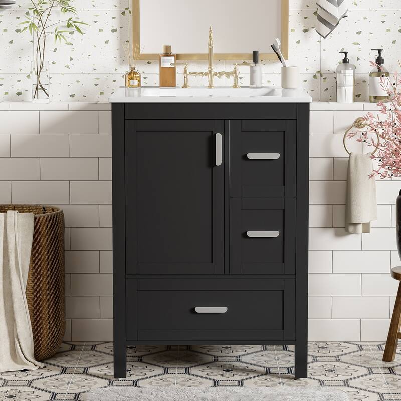 GDFStudio - Maple Modern Freestanding Bathroom Vanity with Ceramic Sink, Soft Close Door and Multi Drawer Storage - Black - 24"