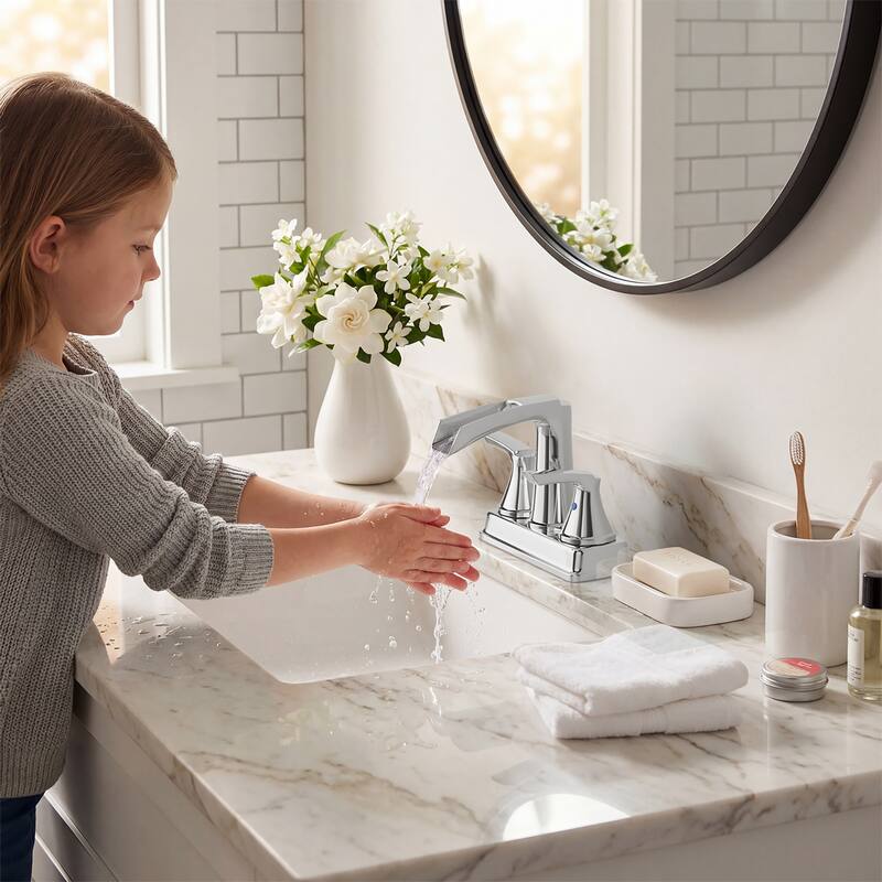 4 in. Centerset Double Handle Waterfall Bathroom Faucet with Pop-up Drain Kit Sink Vanity Basin Taps