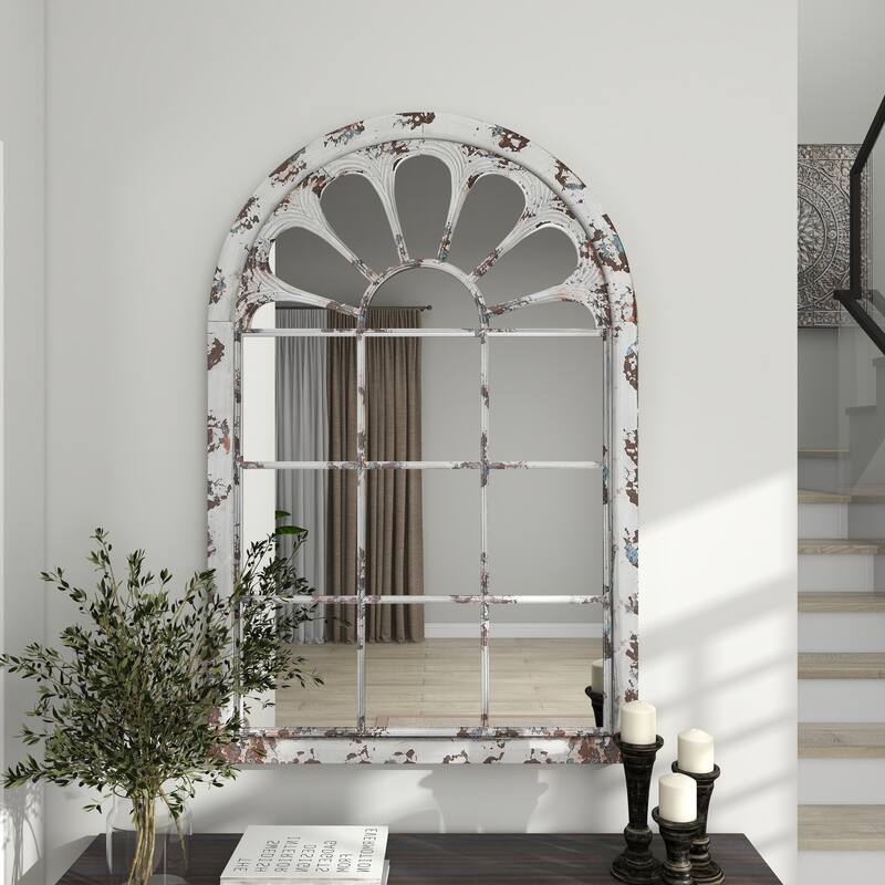 Metal Window Pane Inspired Wall Mirror with Arched Top - White - Roche River Decor