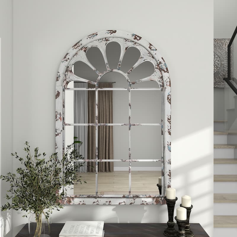 White Metal Window Pane Inspired Room Wall Mirror with Arched Top