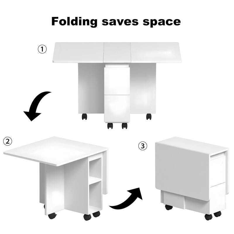 4-Person Drop-Leaf Dining Set‌ – Foldable Table + 4 Chairs, 47.2" x 23.6" x 30.3", White with Storage & 6 Wheels