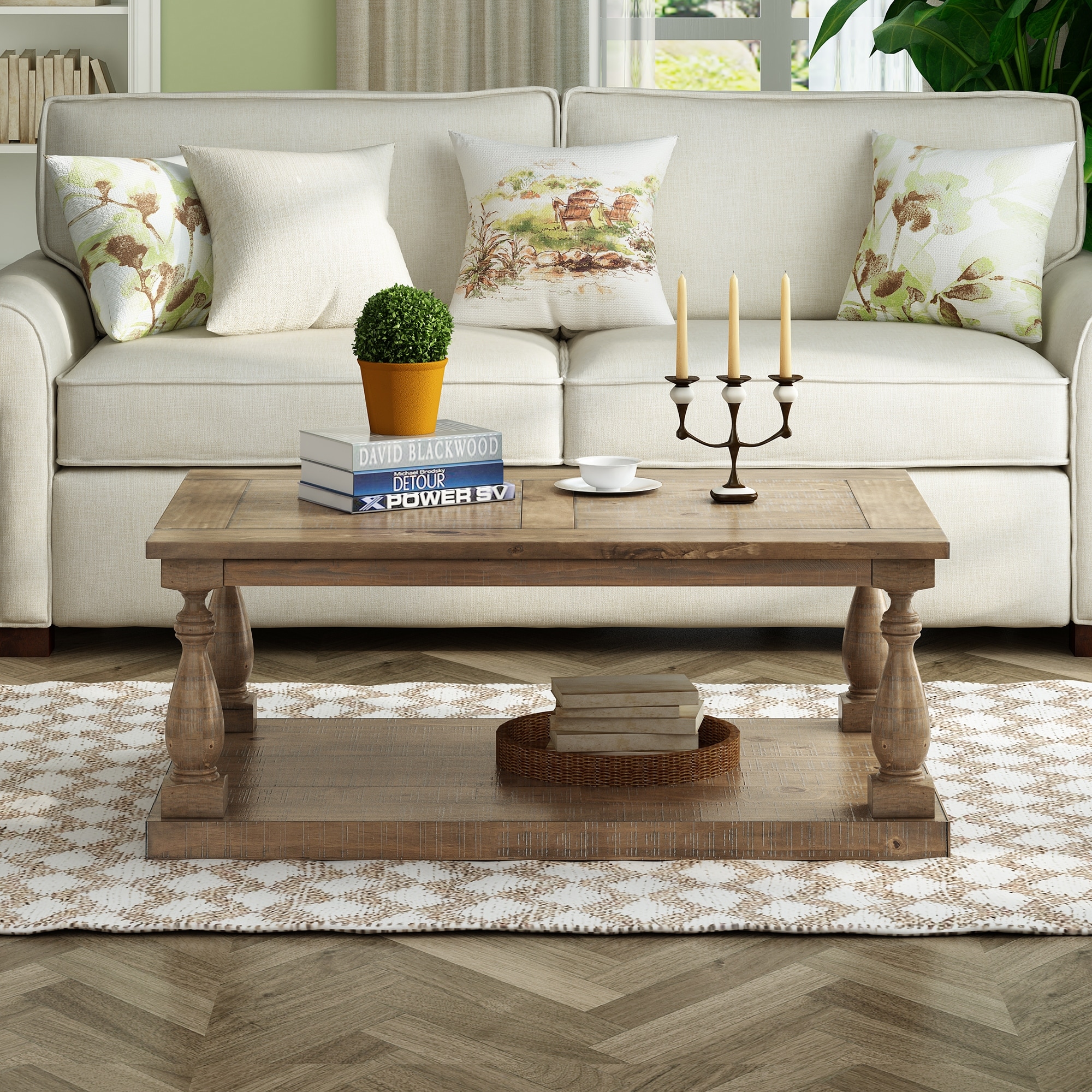 Rustic Floor Shelf Coffee Table with Storage Solid Pine Wood On