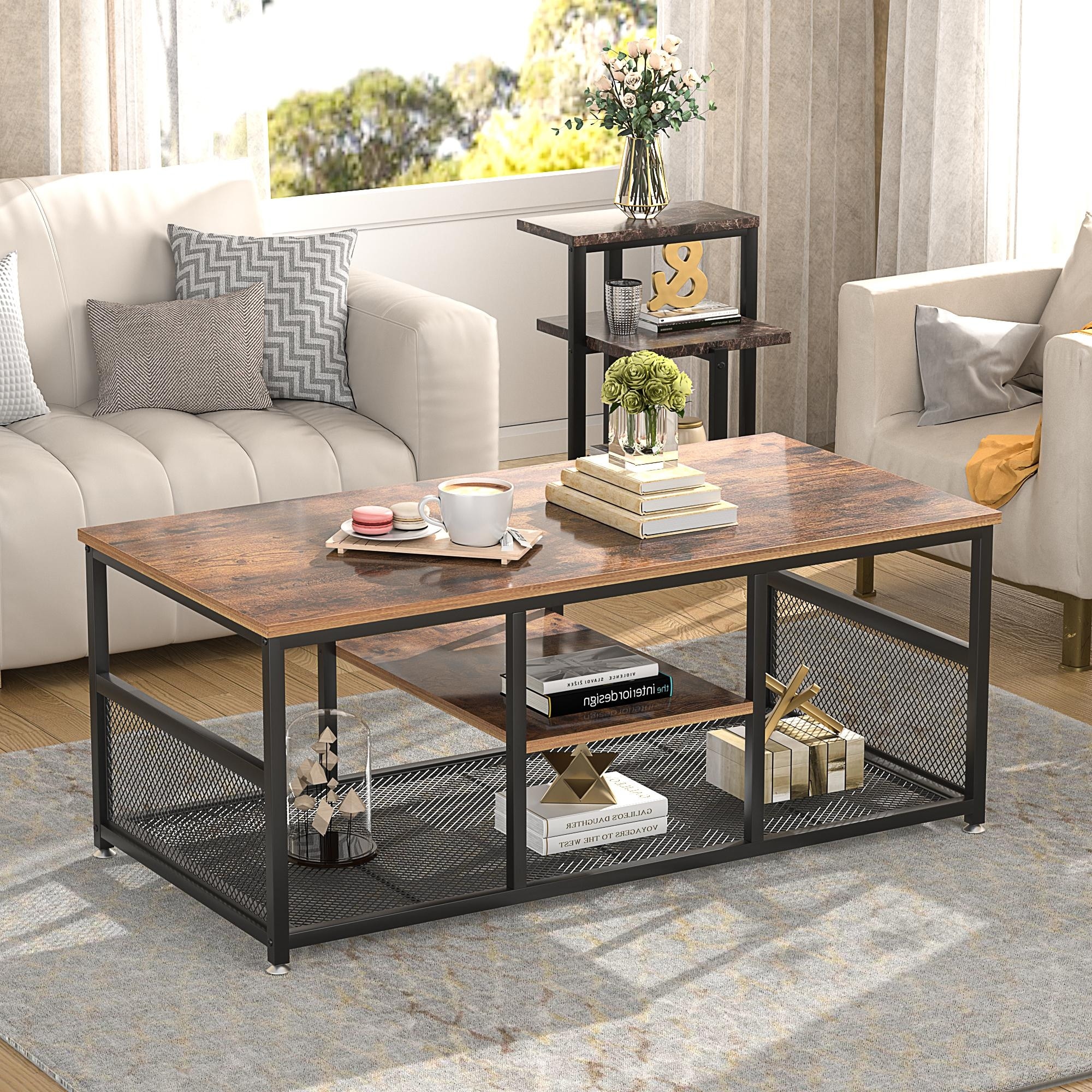 Industrial Rectangle Wood Coffee Table with Storage Shelf
