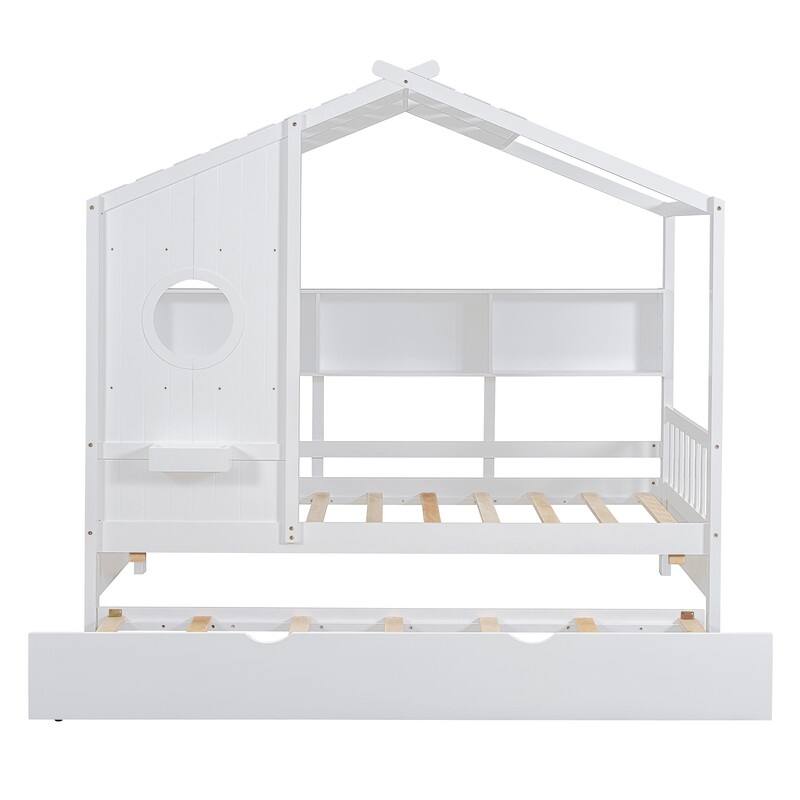 Twin Size Wooden House Bed With Trundle and Storage Shelf