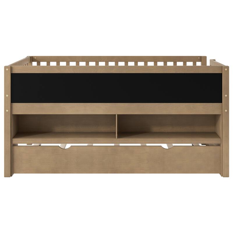 Twin Size Wood Low Loft Bed with Trundle, Storage Shelves & Blackboard