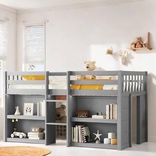 Stylish & Multi-Functional Twin Low Loft Bed With 2-Tier Shelves and LED Light, Sturdy Construction & Safety Guaranteed, Grey