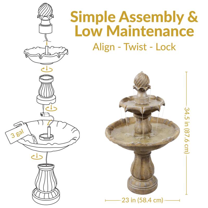 Sunnydaze Two Tier Solar-on-Demand Fountain, 35 Inch Tall - 35-Inch