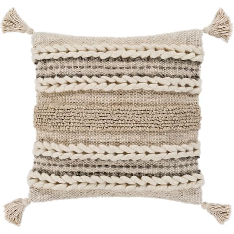 Goa Taupe Bohemian Tassel Wool Feather Down Throw Pillow (30" x 30")