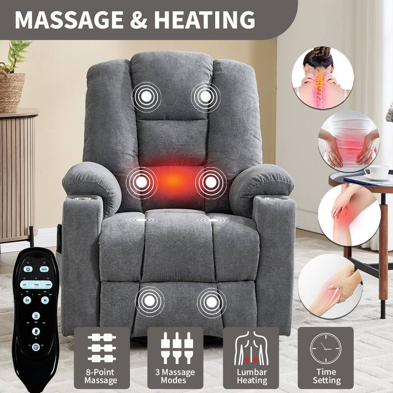 Large Power Lift Recliner with Massage & Heat - Heavy Duty Wide Recliner Chair for Elderly, USB/Type-C Charging, Cup Holders