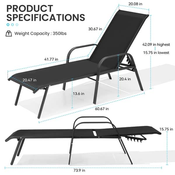 dimension image slide 5 of 8, Set of 4 Lounge Chairs Outdoor Chaise Lounge with Arms and Adjustable Back