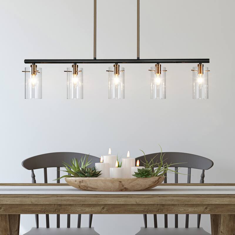 Modern Farmhouse 5-Light 36" L Black Gold Linear Chandelier Cylinder Glass Island Lights for Dining Room - 36" L x 3" W x 8" H