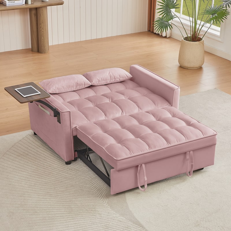 Velvet Loveseat Convertible Pull-out Sleeper Sofa Bed, Futon Sofa with 2 Pillows & phone Holder Pocket Recliner Sofa