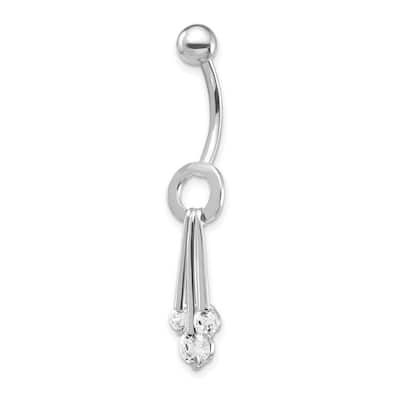 Curata Solid 10k White Gold with Dangly Cubic Zirconia Belly Ring Dangle (7mm x 40mm)