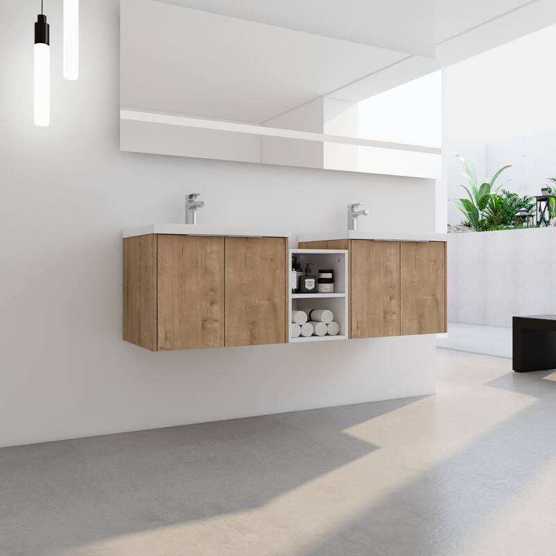 60 Inch Bathroom Vanity with Soft Close Doors, Resin Sink, Ample Storage and Matching Small Shelves (KD Packing)