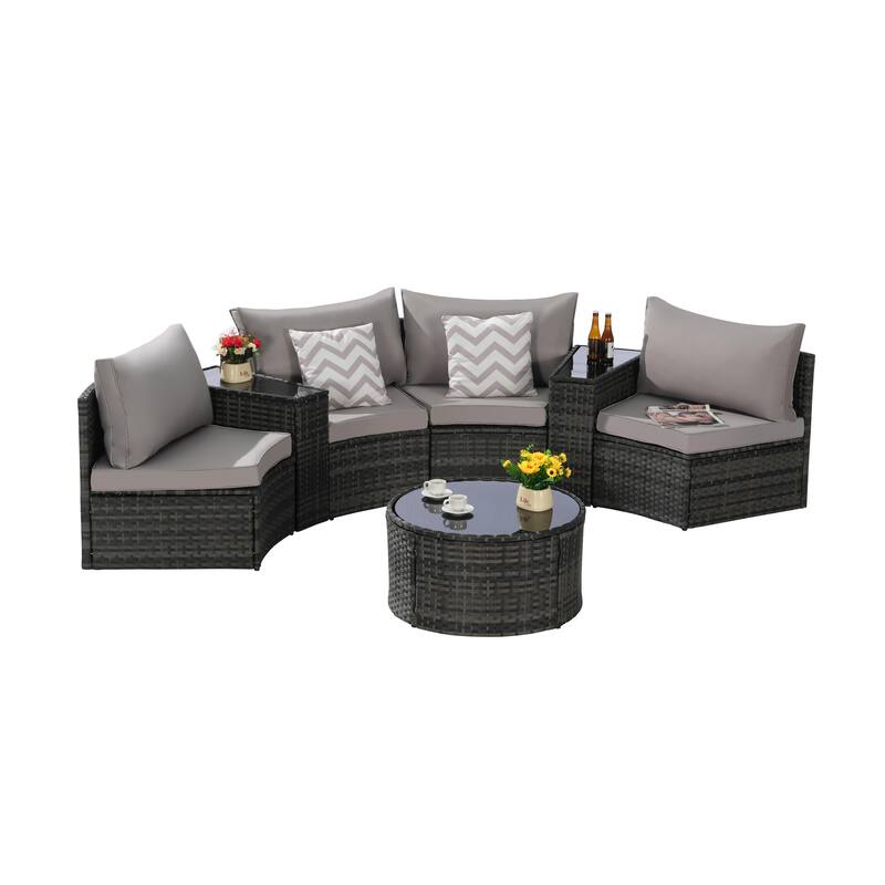 7-Piece Outdoor Patio Half-Moon Sectional Sofa Set with Tempered Glass Coffee Table