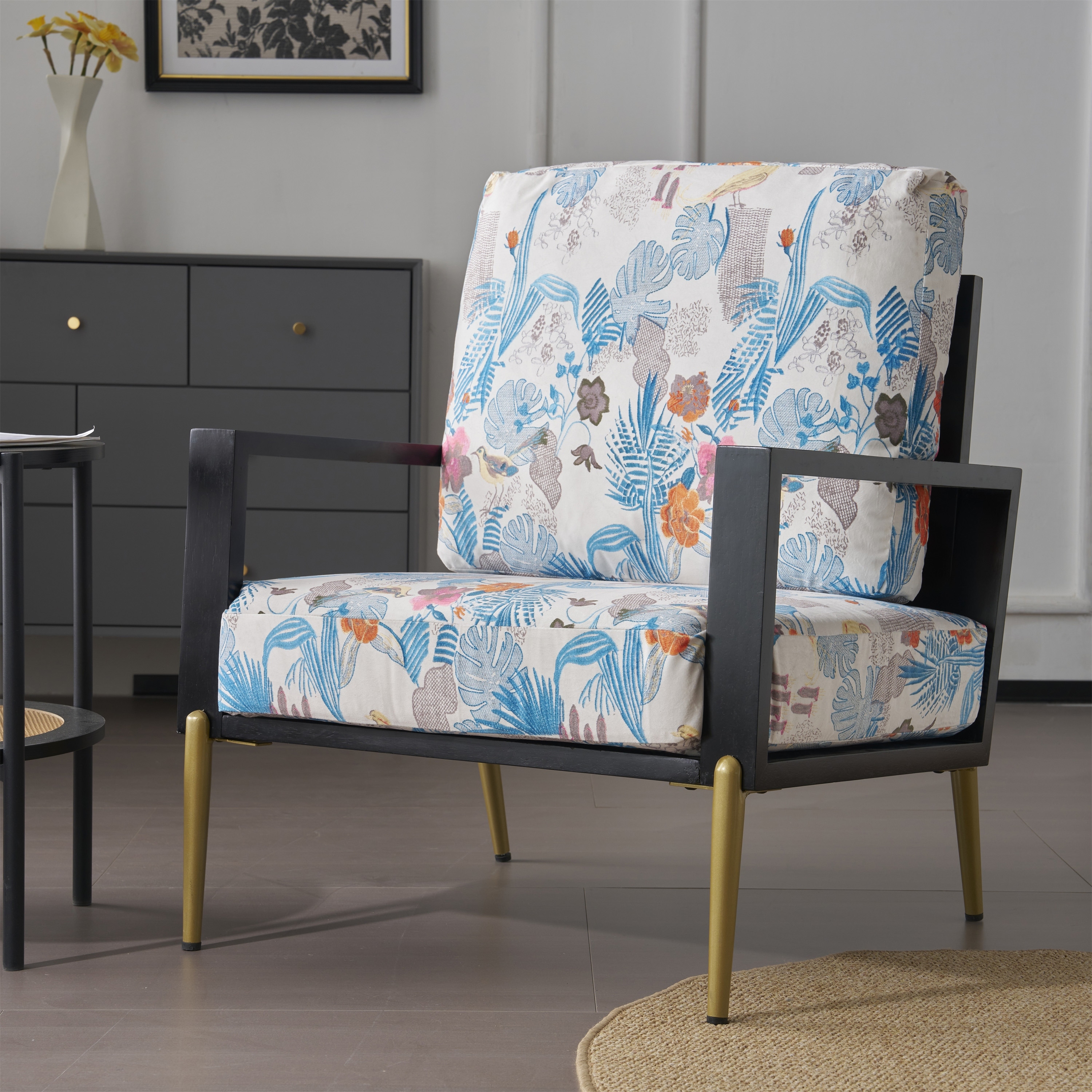Floral Print Accent Chair, Blue Upholstered Armchair with Wide Arms & Gold Metal Legs