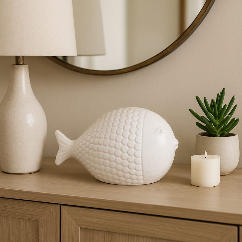 Artistic Ceramic Textured Fish Sculpture - 10", White - 10.0"