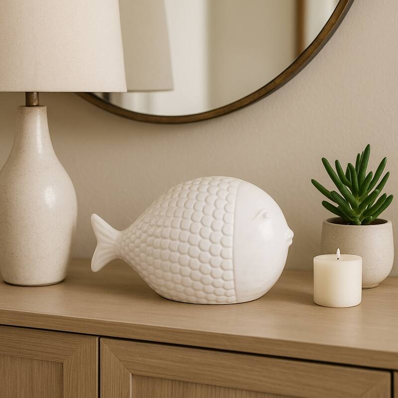 Ceramic Figurine Scaled Fish Sculpture Textured Accent - 6" White - 10" x 6" x 6"