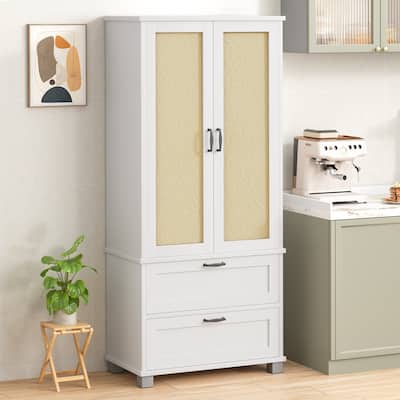 Rattan Door Pantry Storage Cabinet with Wine Rack - Freestanding Storage Organizer with Anti-Tip