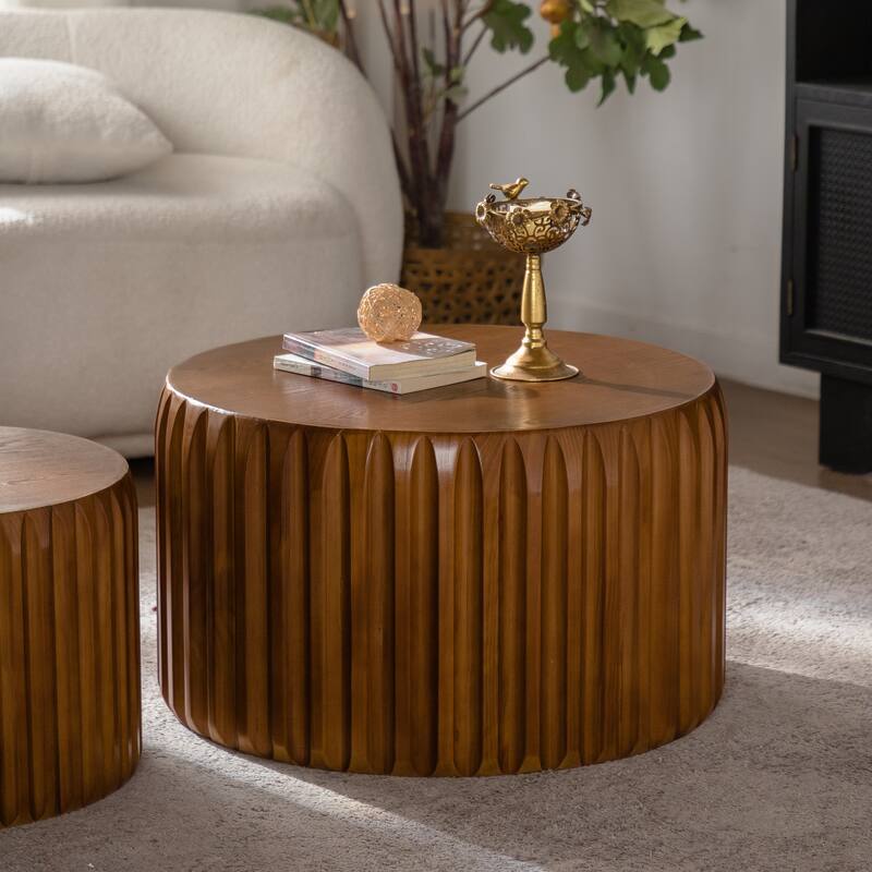 Set of 2 Fluted Round Coffee Table - Solid Wood & MDF Nesting Center Table (26.77"/19.69")