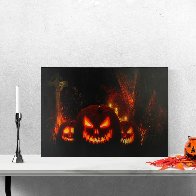 LED Lighted Jack-O-Lanterns in a Cemetery Halloween Canvas Wall Art 23.5" x 15.5"